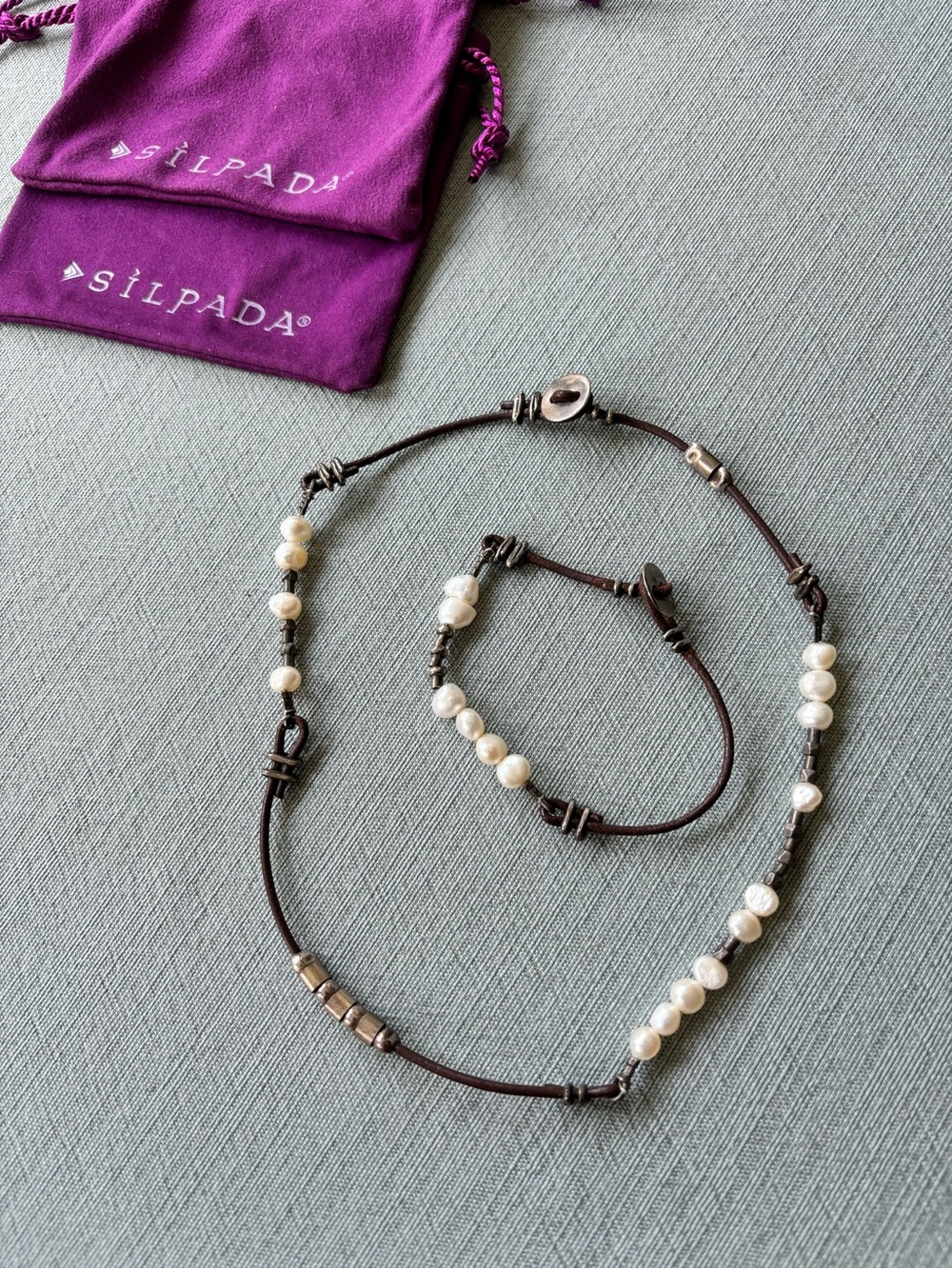 Silpada Pearl, Sterling and Brown Leather Layering Necklace with Bracelet Boho
